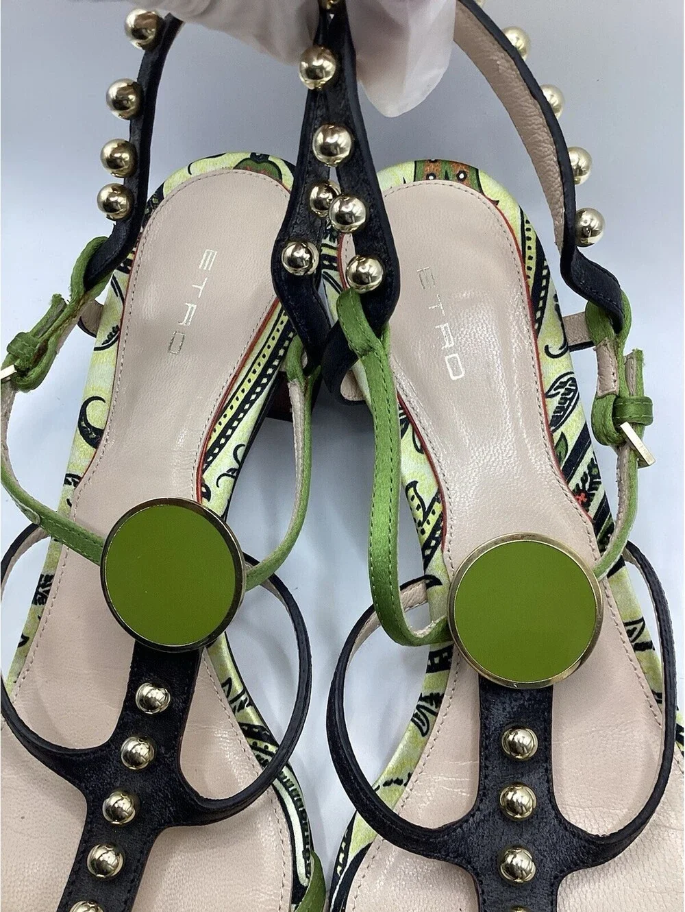 Etro Sandals Size 39 Green Black Studded Paisley Block Heel